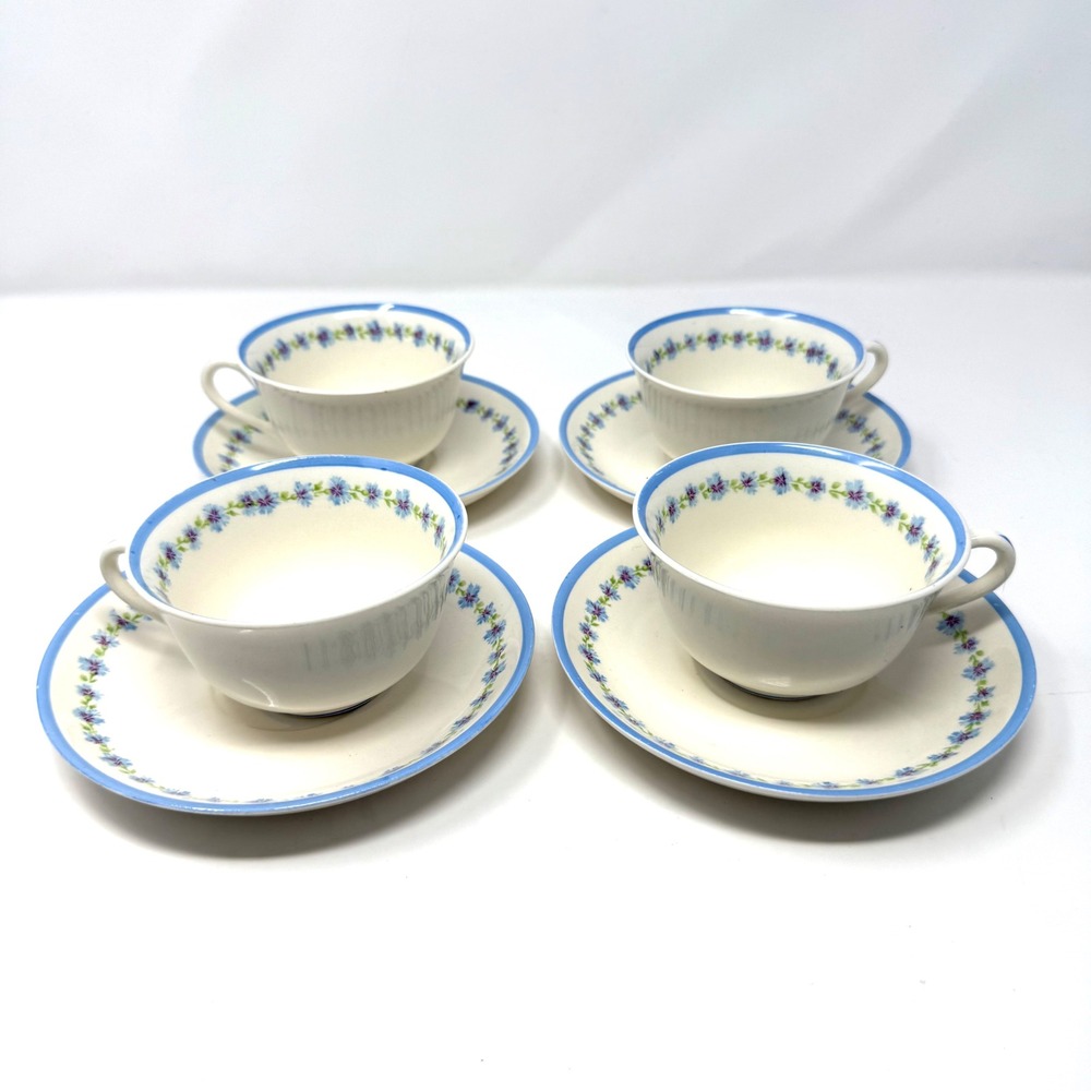 Canonsburg Pottery Co. Bonnie Blue Teacups and Saucers Blue Floral Set of‎ 4 VTG